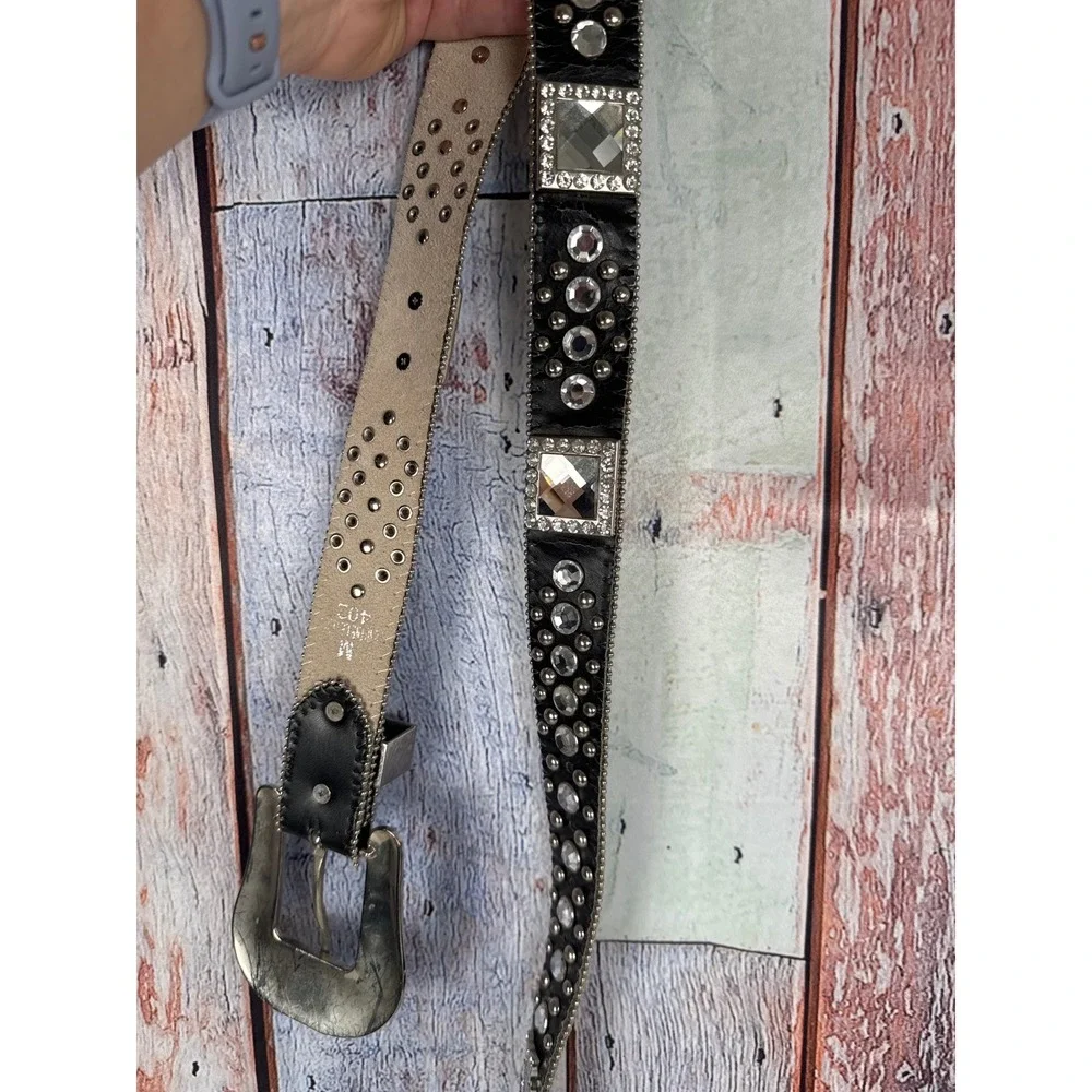 BHW Western Black Leather Crystal Studded Belt Silver Buckle VTG Womens M 402